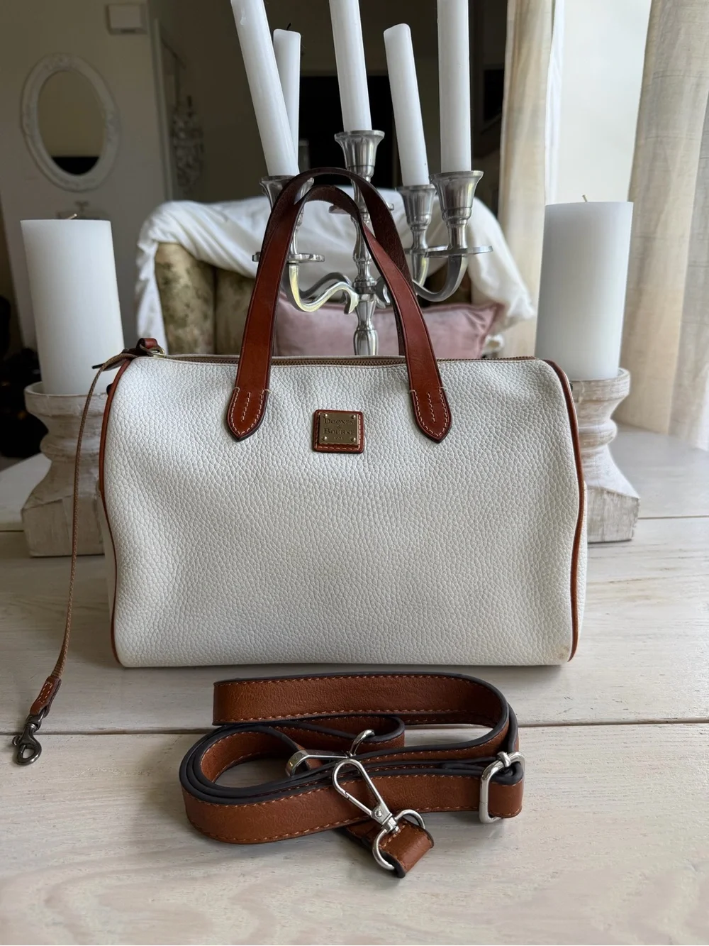 Dooney & Bourke White Pebble Leather Satchel with Brown Trim and Strap